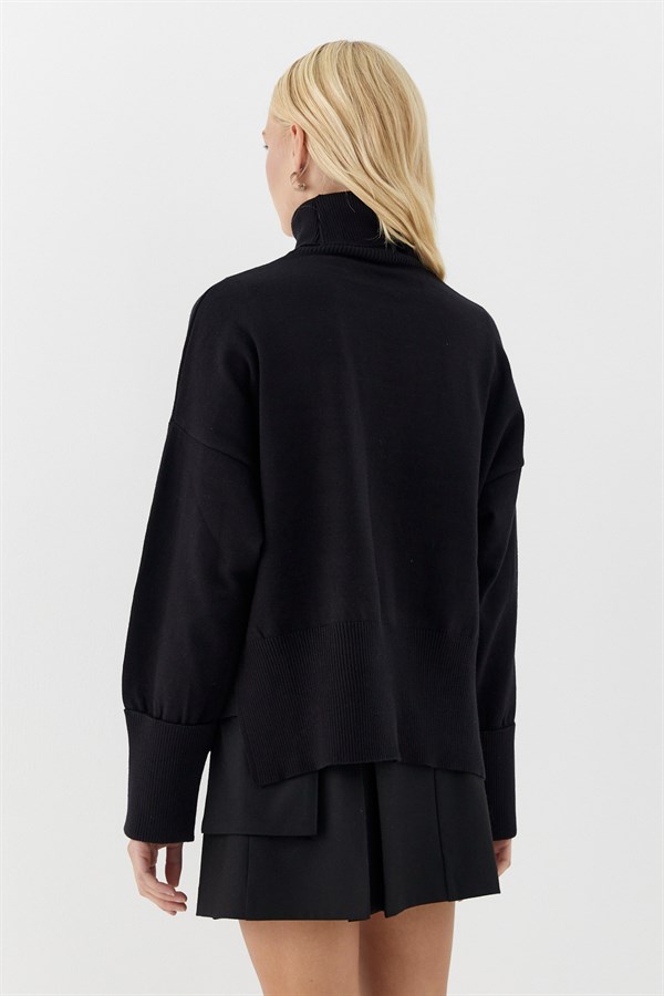 Balıkçı Yaka Oversize Triko Kazak Siyah