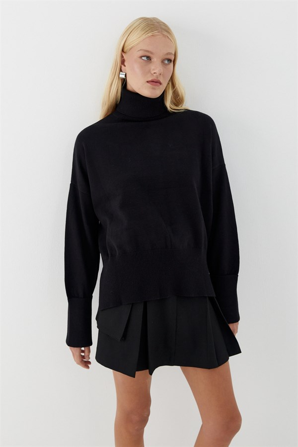 Balıkçı Yaka Oversize Triko Kazak Siyah