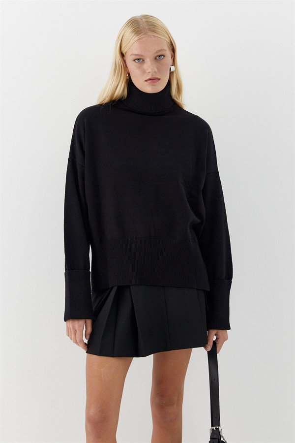 Balıkçı Yaka Oversize Triko Kazak Siyah