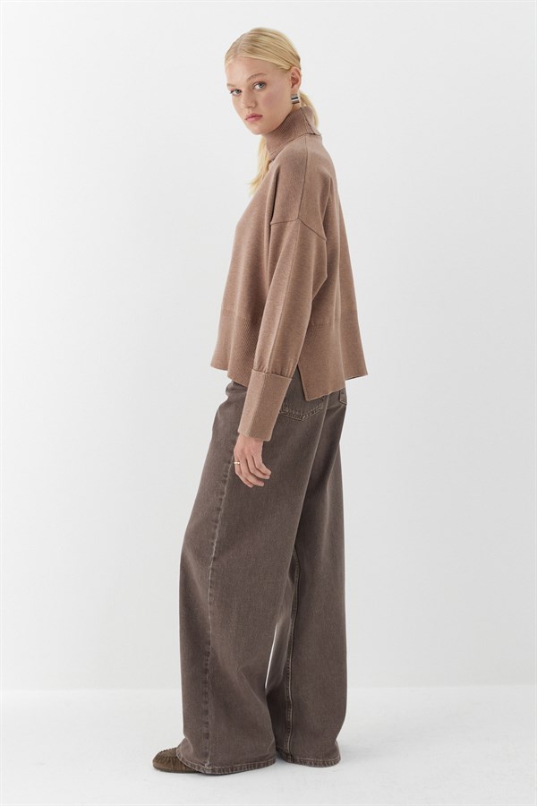 Balıkçı Yaka Oversize Triko Kazak Vizon