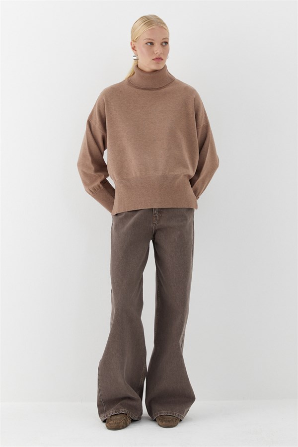 Balıkçı Yaka Oversize Triko Kazak Vizon