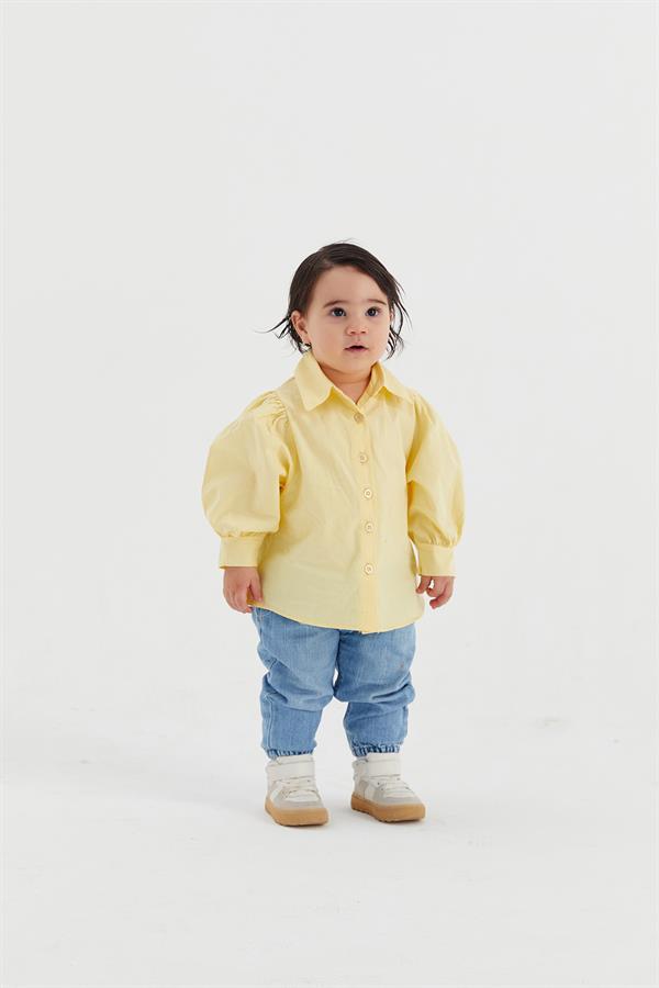 Balon Kol Çocuk Poplin Gömlek Limon Sarısı