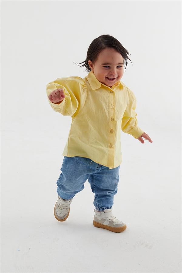 Balon Kol Çocuk Poplin Gömlek Limon Sarısı