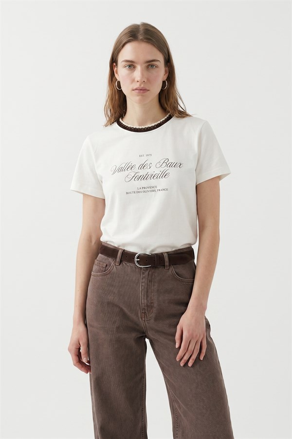 Baskı Detaylı T-shirt Kahverengi
