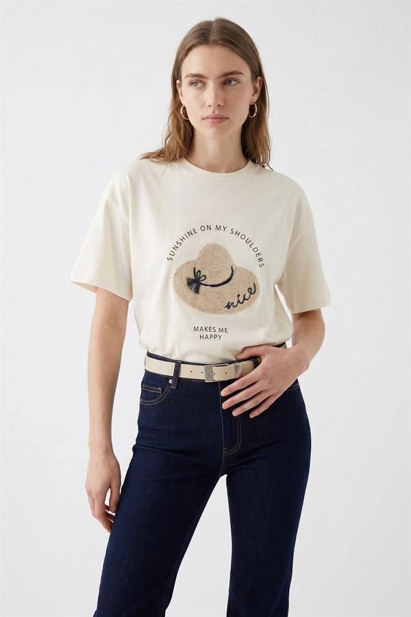 Baskı Ve Nakış Detaylı T-Shirt Ekru