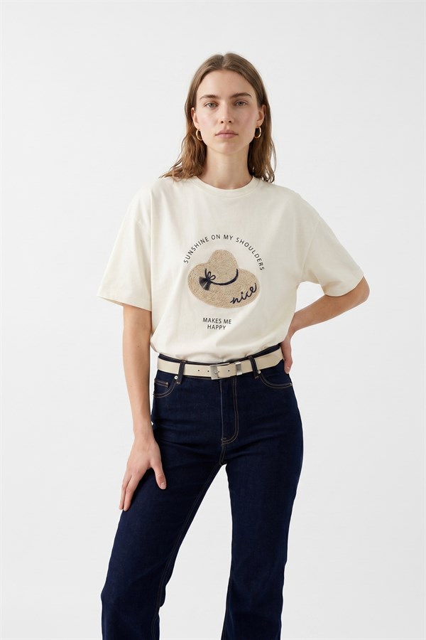 Baskı Ve Nakış Detaylı T-Shirt Ekru