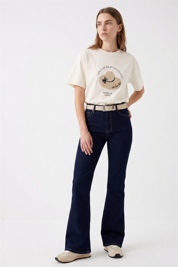 Baskı Ve Nakış Detaylı T-Shirt Ekru