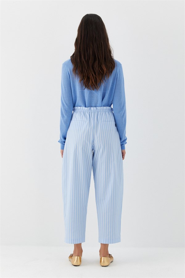 Bel Detaylı Çizgili Poplin Pantolon Açık Mavi