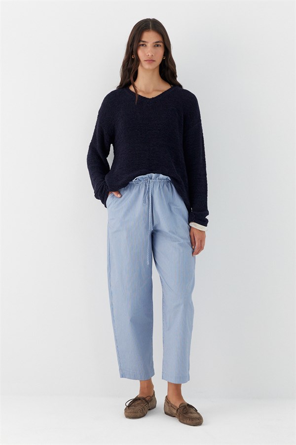 Bel Detaylı Çizgili Poplin Pantolon Mavi