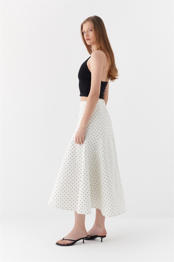 Bel Korsajlı Puantiyeli Etek Beyaz