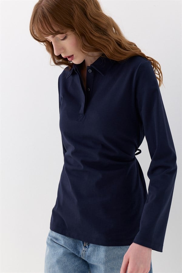 Belden Bağlama Detaylı Polo Yaka Sweatshirt Lacivert