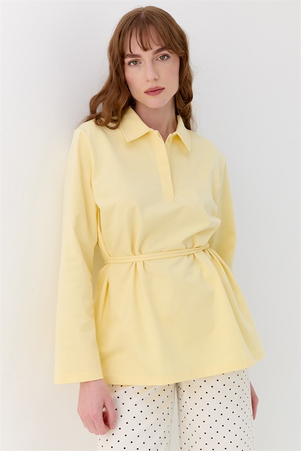 Belden Bağlama Detaylı Polo Yaka Sweatshirt Sarı