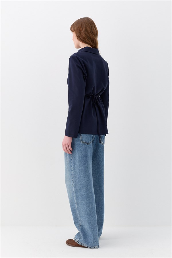 Belden Bağlama Detaylı Polo Yaka Sweatshirt Lacivert