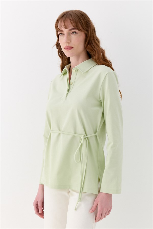 Belden Bağlama Detaylı Polo Yaka Sweatshirt Yeşil