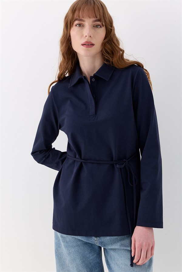 Belden Bağlama Detaylı Polo Yaka Sweatshirt Lacivert