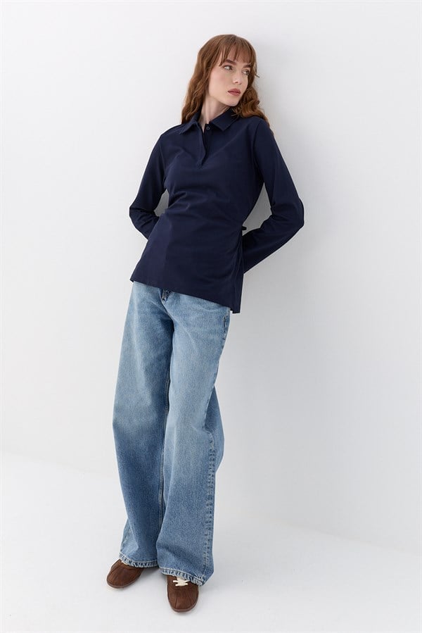 Belden Bağlama Detaylı Polo Yaka Sweatshirt Lacivert