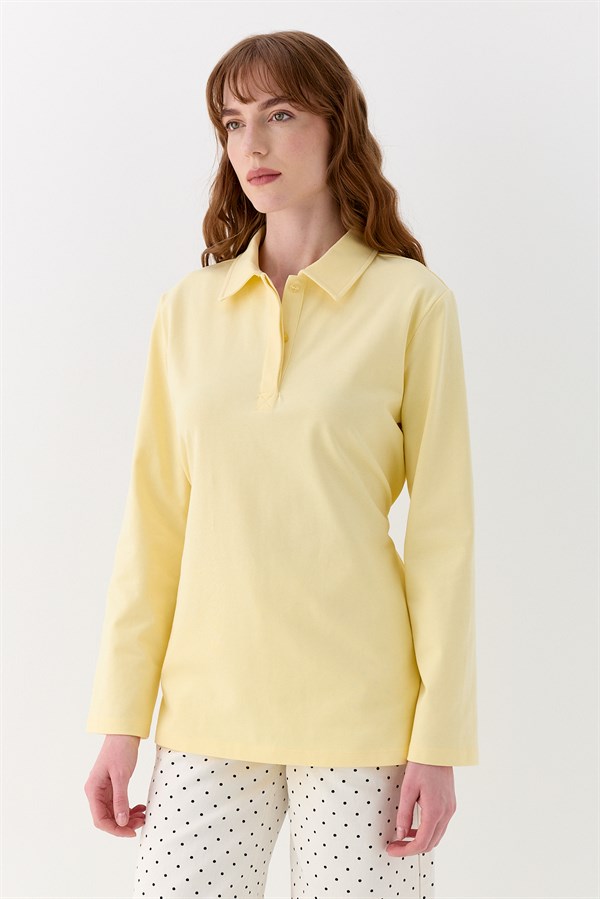 Belden Bağlama Detaylı Polo Yaka Sweatshirt Sarı