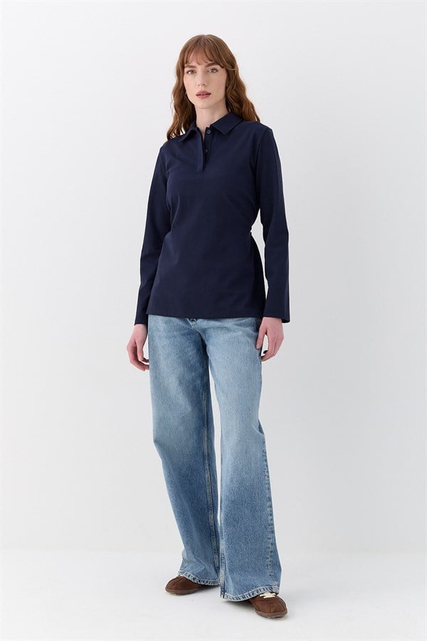 Belden Bağlama Detaylı Polo Yaka Sweatshirt Lacivert