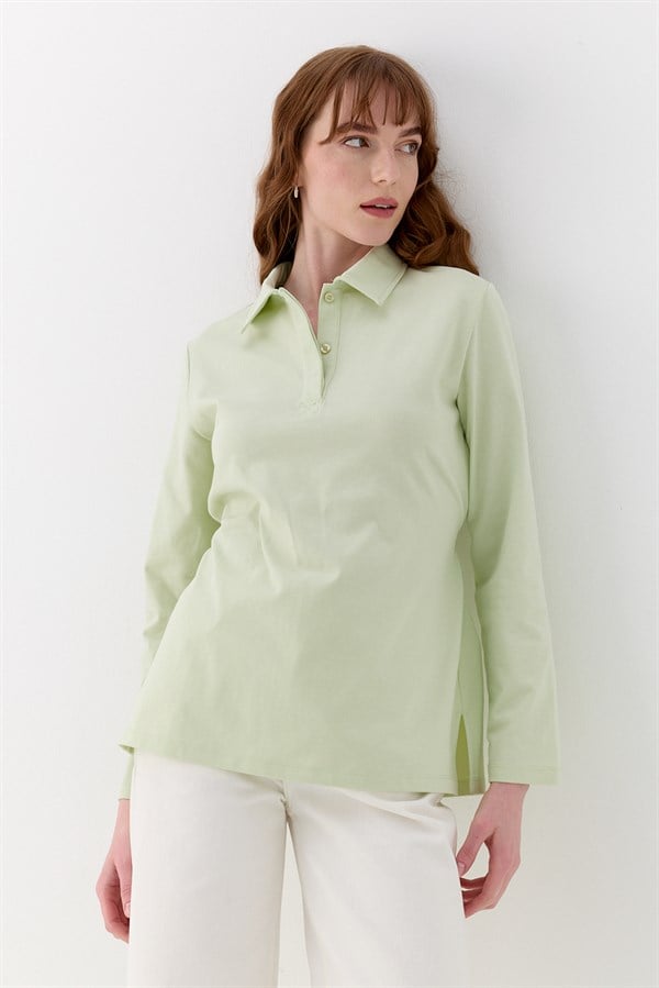 Belden Bağlama Detaylı Polo Yaka Sweatshirt Yeşil