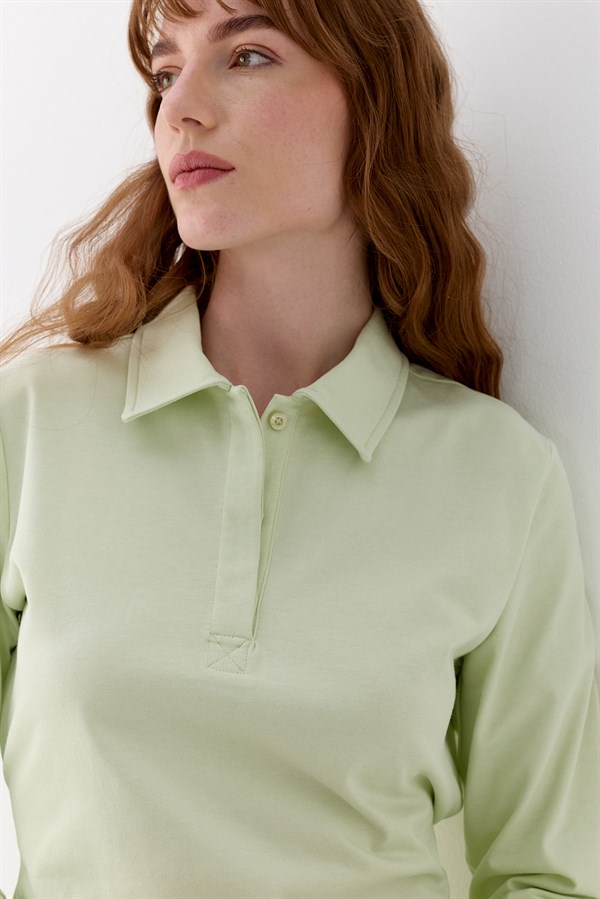 Belden Bağlama Detaylı Polo Yaka Sweatshirt Yeşil