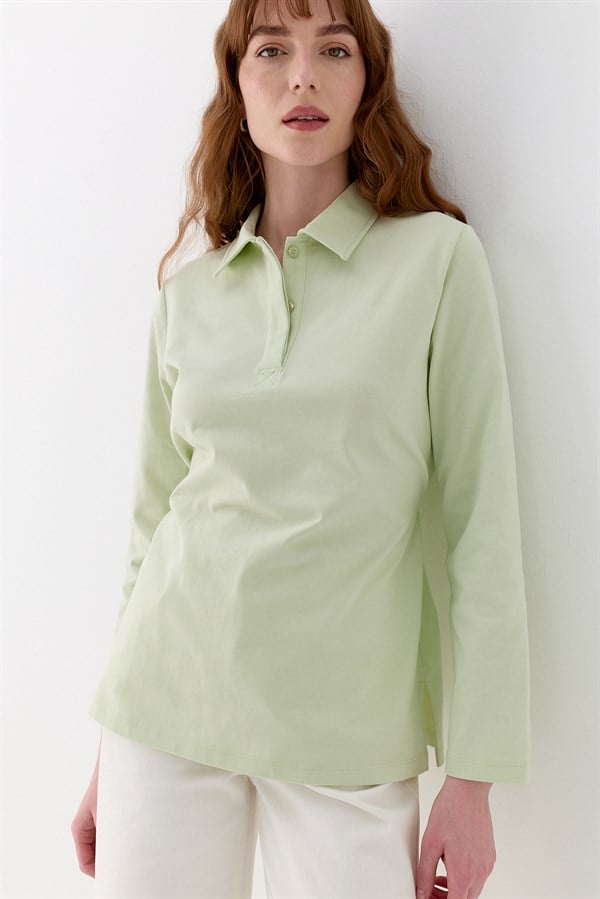 Belden Bağlama Detaylı Polo Yaka Sweatshirt Yeşil