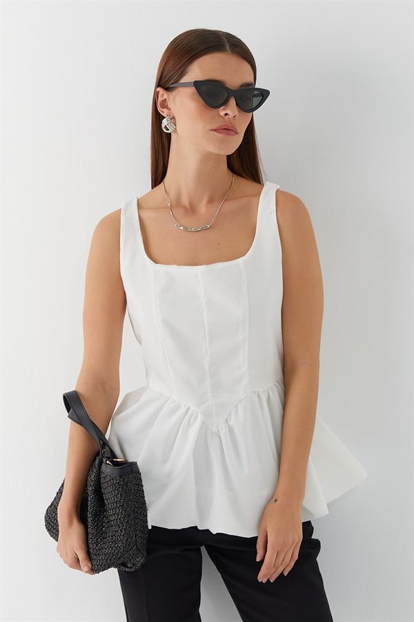 Belden Büzgülü Bluz Beyaz