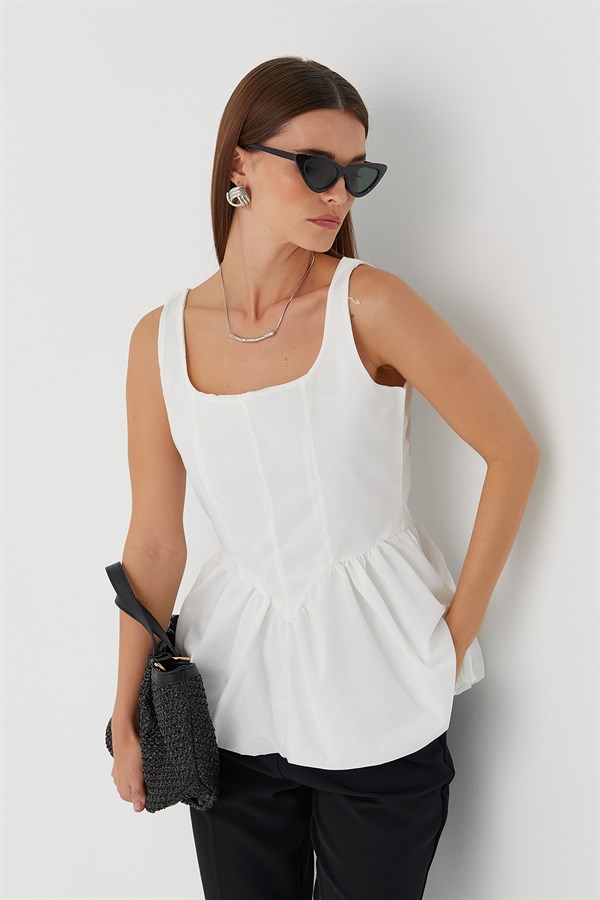 Belden Büzgülü Bluz Beyaz