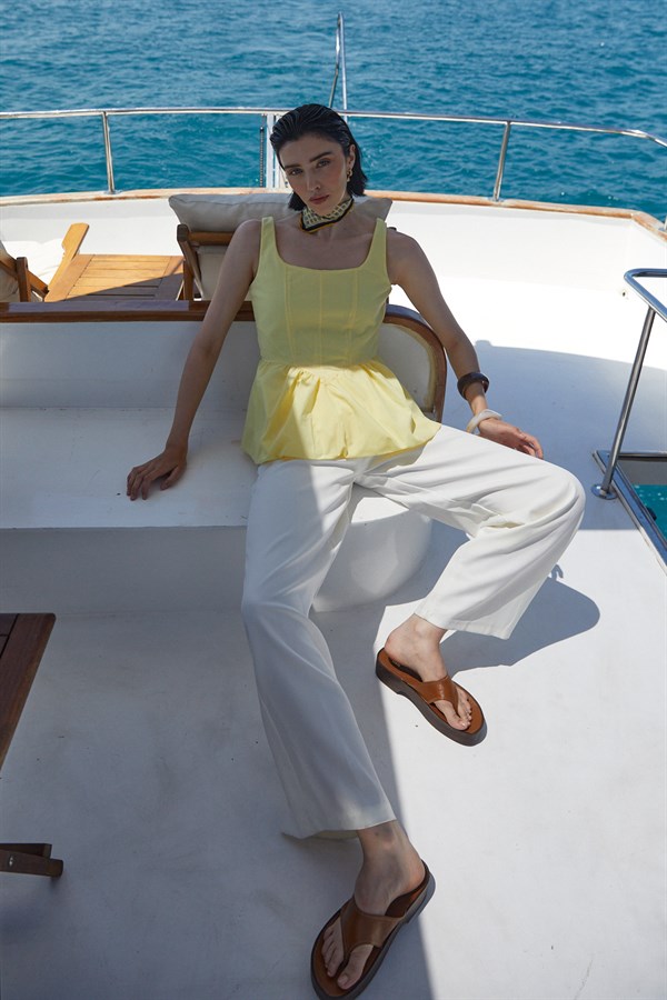 Belden Büzgülü Bluz Sarı