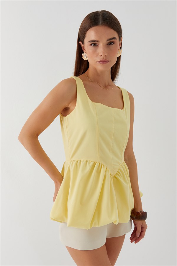 Belden Büzgülü Bluz Sarı