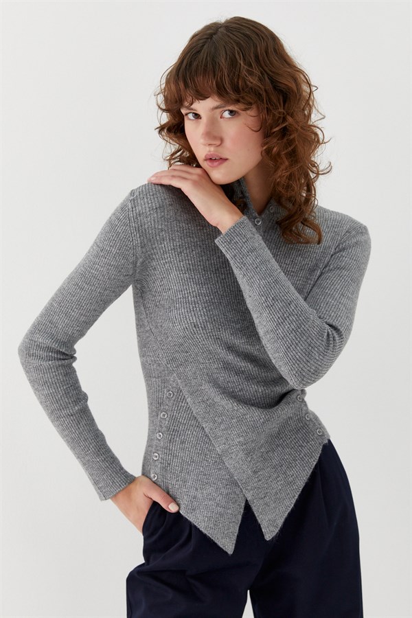 Belden Düğmeli Kazak Gri