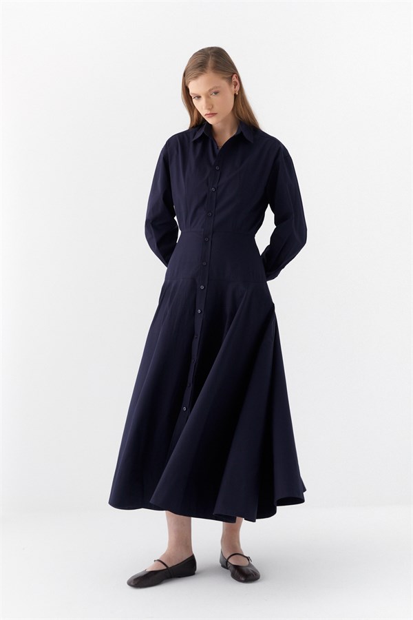 Belden Oturtmalı Gömlek Elbise Lacivert