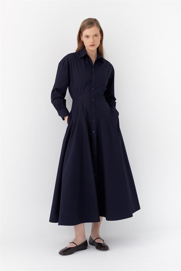 Belden Oturtmalı Gömlek Elbise Lacivert
