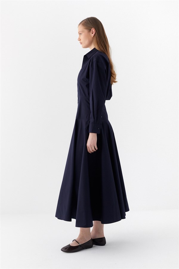 Belden Oturtmalı Gömlek Elbise Lacivert