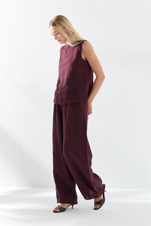 Beli Lastikli Keten Pantolon Bordo