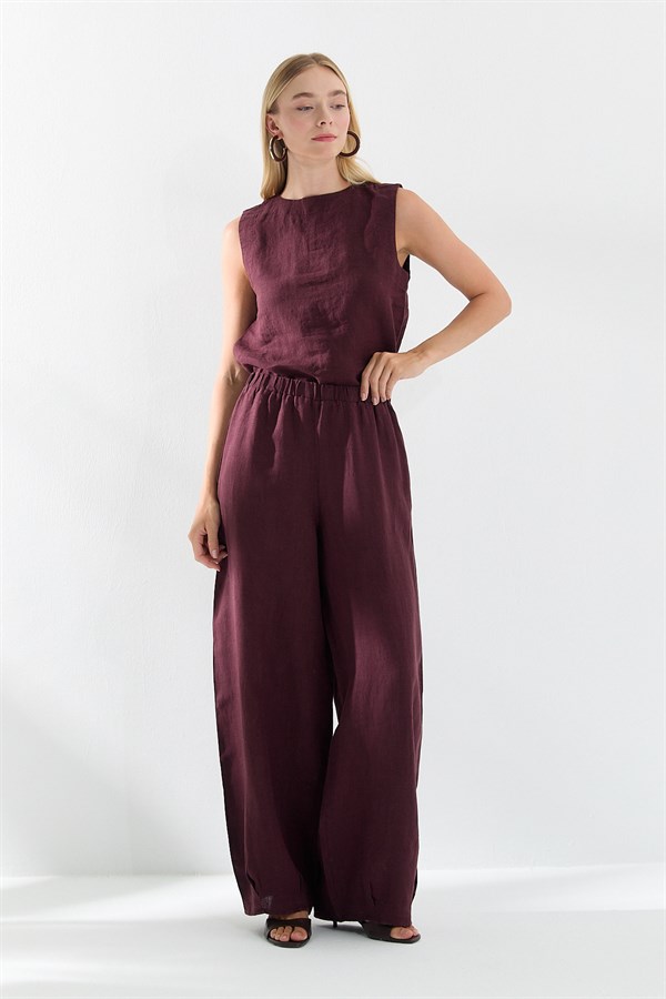 Beli Lastikli Keten Pantolon Bordo