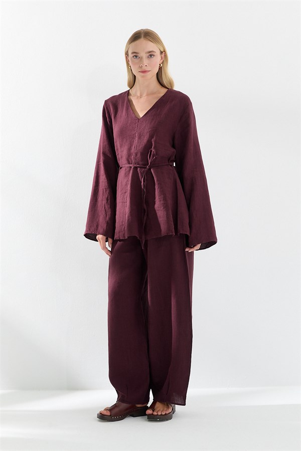 Beli Lastikli Keten Pantolon Bordo
