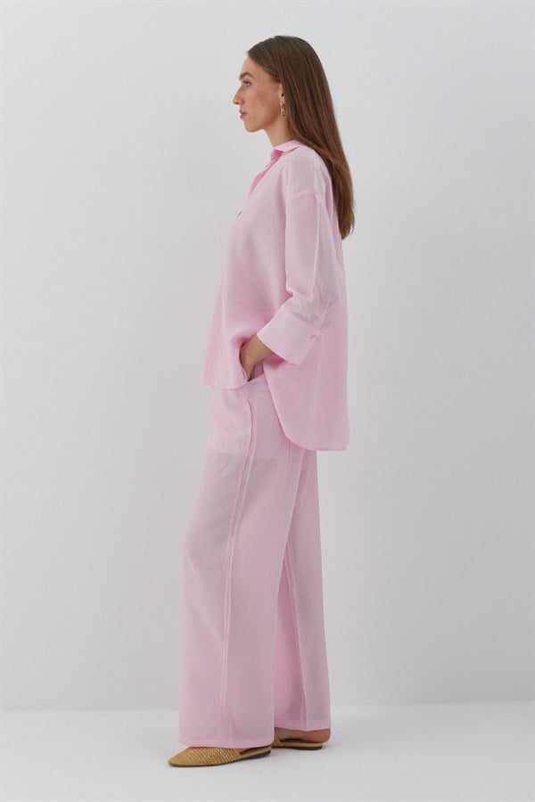 Beli Lastikli Krinkıl Pantolon Pembe