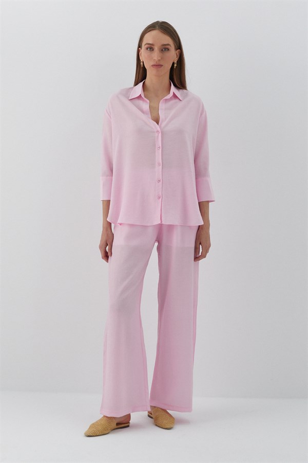 Beli Lastikli Krinkıl Pantolon Pembe