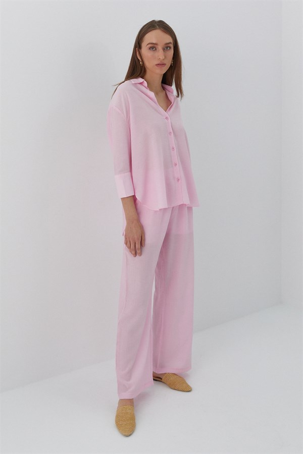 Beli Lastikli Krinkıl Pantolon Pembe