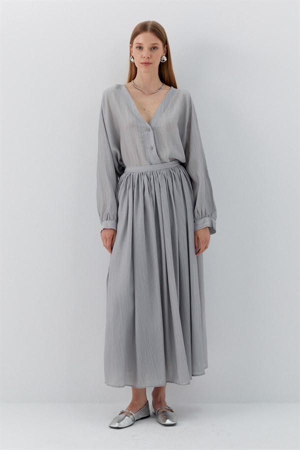 Beli Lastikli Uzun Etek Gri