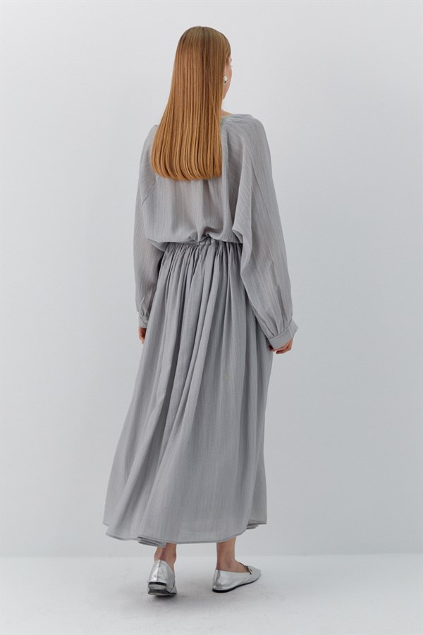 Beli Lastikli Uzun Etek Gri