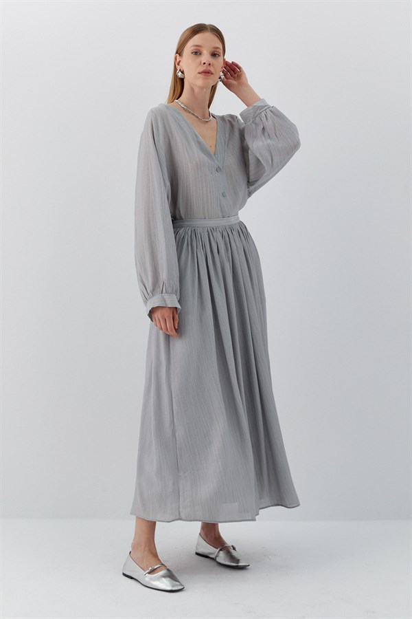 Beli Lastikli Uzun Etek Gri