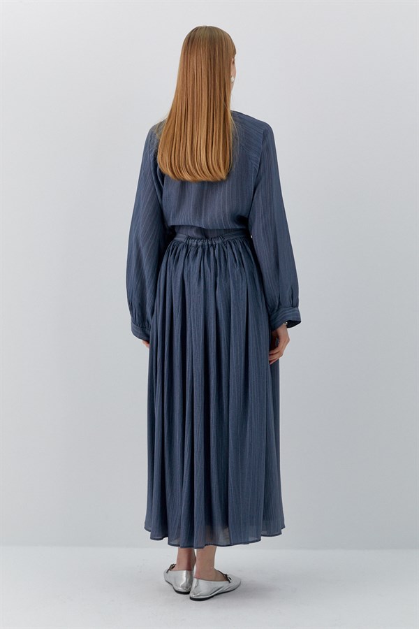 Beli Lastikli Uzun Etek İndigo