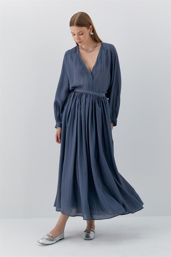 Beli Lastikli Uzun Etek İndigo