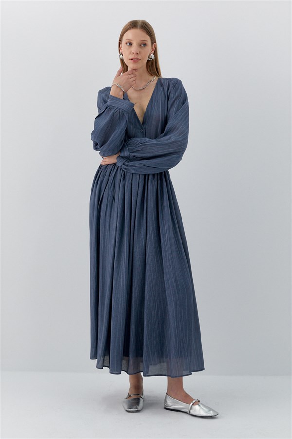 Beli Lastikli Uzun Etek İndigo