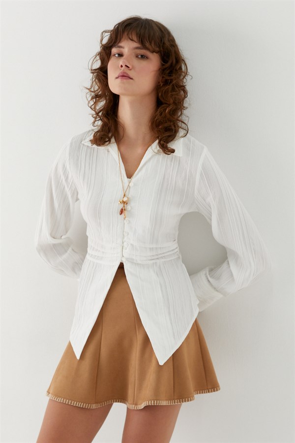 Beli Pileli Gömlek Ekru