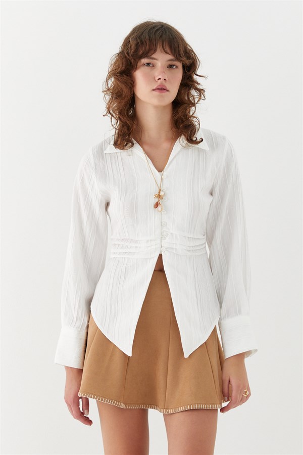 Beli Pileli Gömlek Ekru