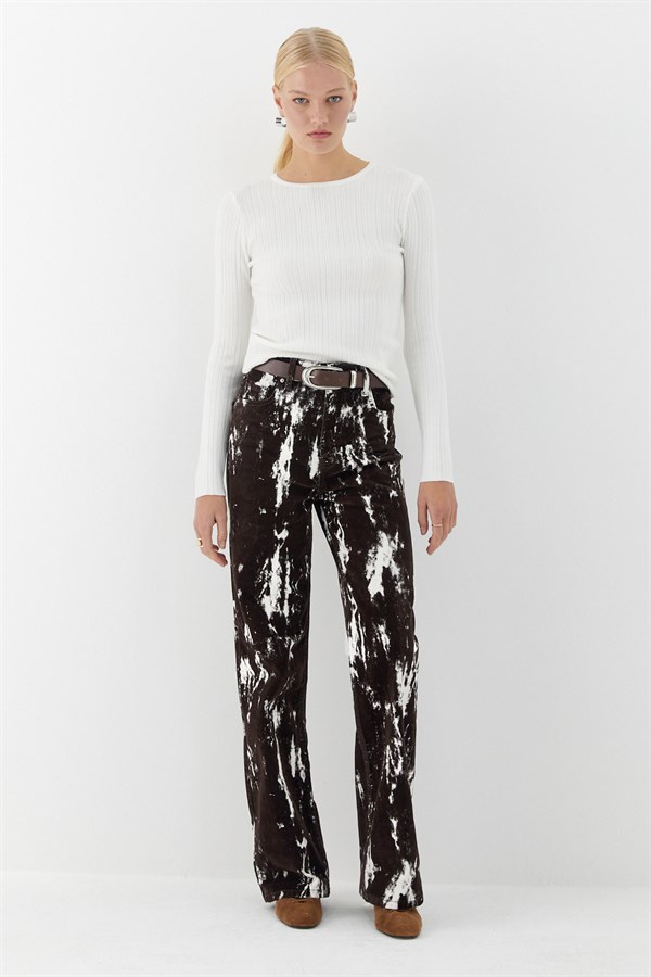 Bisiklet Yaka Fitilli Örgü Kazak Ekru