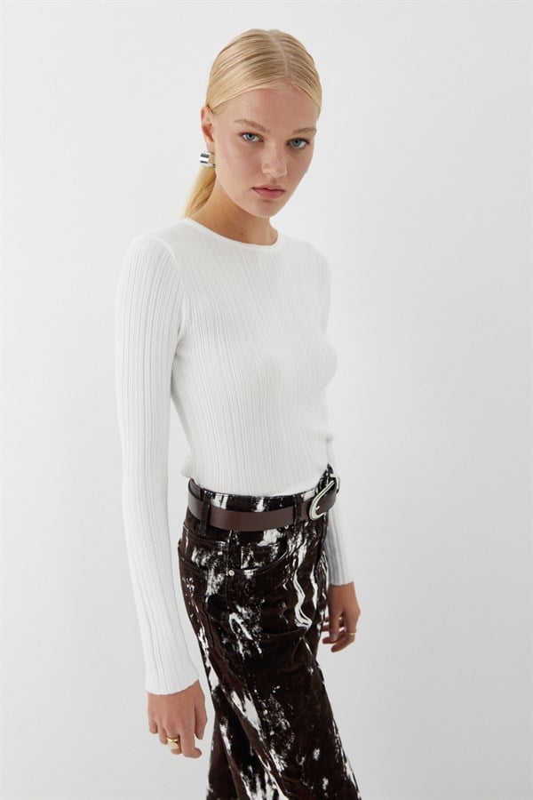 Bisiklet Yaka Fitilli Örgü Kazak Ekru