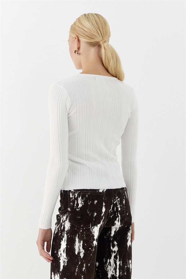 Bisiklet Yaka Fitilli Örgü Kazak Ekru